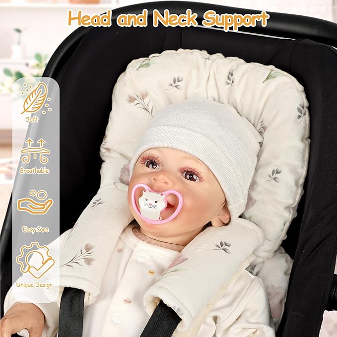 Infant Car Seat Insert with 2 Strap Pads, Super Soft Carseat Head and Body Support for Baby Boys and Girls, Reversible Newborn Car Seat Insert Cushion for Strollers, Bouncers, Swing, Simple Flowers