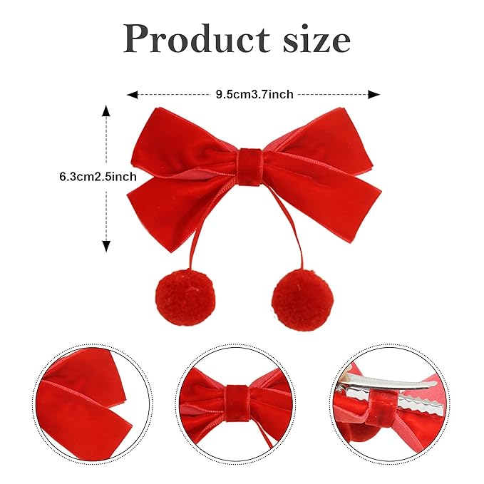 Velvet Bows Clips for Baby Girls, 20pcs 3.7inches Boutique Baby Hair Clips, Tassel Ball Hair Barrettes Alligators for Infants Toddlers Fine Hair