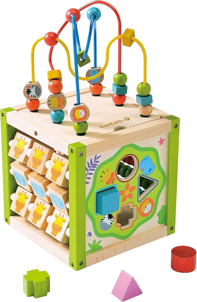 EverEarth Wooden Activity Cube with Bead Maze, 5 in 1 Activity Center, Educational Learning Montessori Toys for Toddlers for Kids 1+, FSC Certified