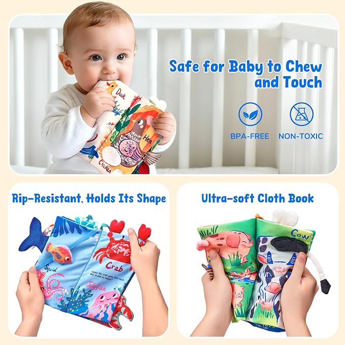JoyCat 2-Pack Baby Cloth Books 0-6-12 Months - Farm & Ocean Infant Sensory Toys - Tummy Time Mirror & Montessori Developmental Learning -Easter Basket Stuffers Gift Set Girl Boy