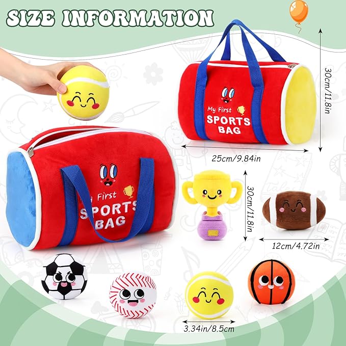 HyDren 7 Pcs My First Sports Bag Plush Toys Playset, Bulit-in Bell Sports Balls and Trophy for Kids Throwing Toys Gift for Boys Girls Early Education