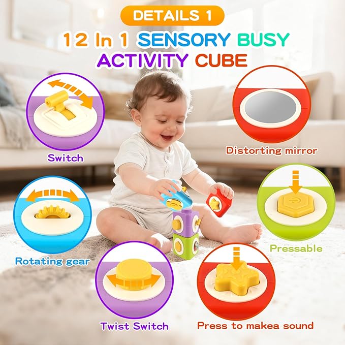 Montessori Activity Cube & Busy Board for 1 Year Old - 12-in-1 Travel Toys for Airplane & Car, Educational Activity Stacking & Sensory Toys for Toddlers 1-2, Easter Basket Stuffers for Toddler