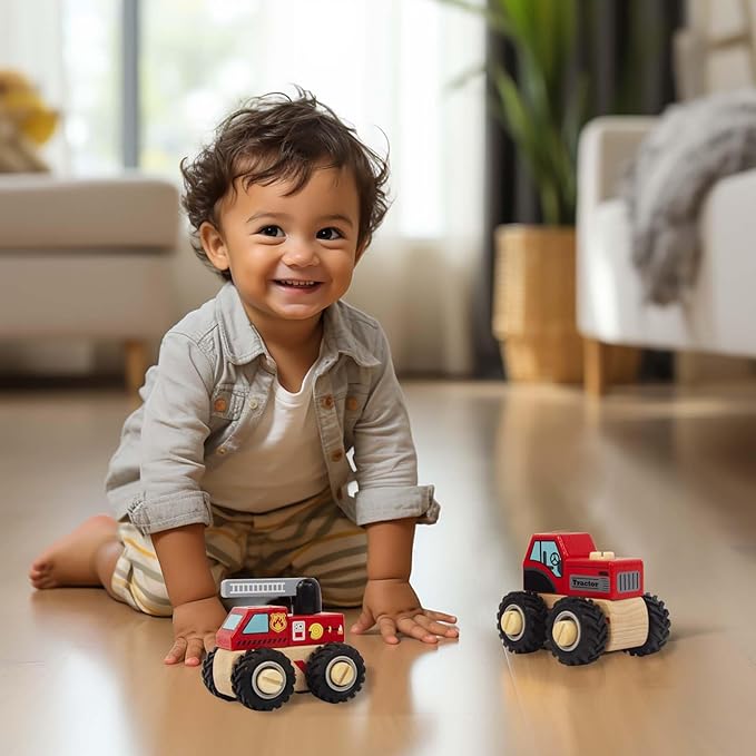 Construction Vehicles for Toddlers, 2 Pcs Wooden Detachable Assemble Cranes and Tractor, Kids Vehicle Toys Hand Push Car Toys for 3 Years Old Boys Girls