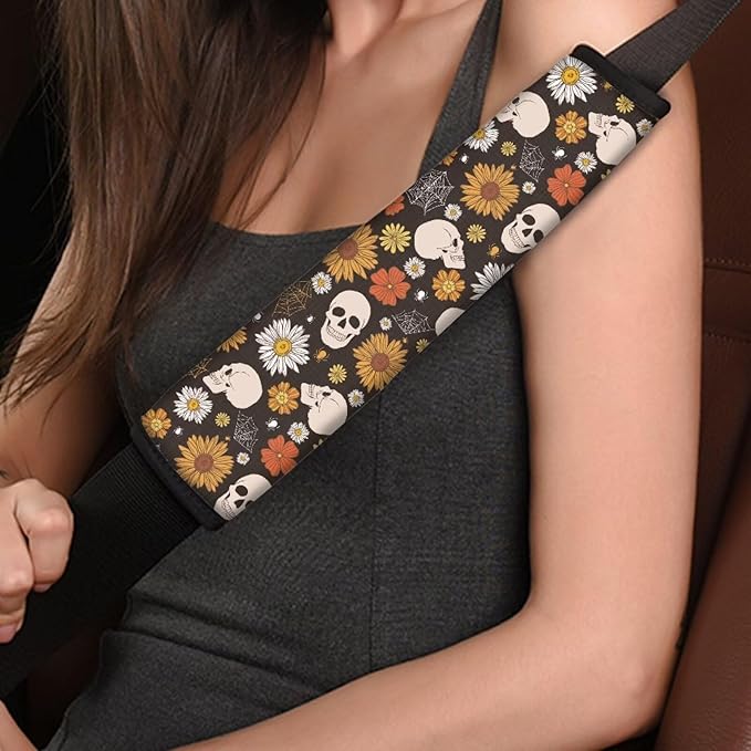 FOR U DESIGNS Car Seat Belt Cover Pad for Adults Kids Seatbelt Cover Soft Comfortable 2 Pcs Auto Seat Belt Cushion Skull & Floral Print SUV Seat Strap Cover