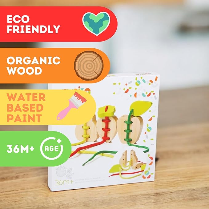CUBIKA Wooden Lacing Fruit Set – Montessori Threading Toy for Toddlers Ages 3+ – Made from Natural Wood with Water-Based Paints – Travel-Friendly Educational Gift for Boys & Girls