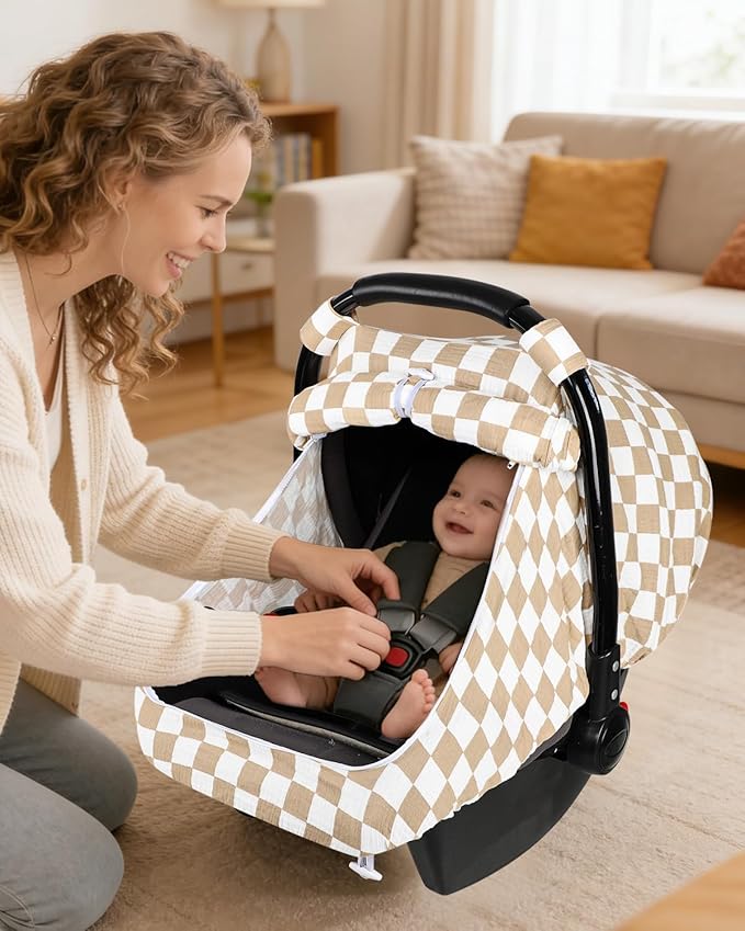 DILIMI Car Seat Covers for Babies, Muslin Cotton Baby Car Seat Cover with Breathable Mesh Window, Summer Infant Car Seat Canopy for Boys Girls Newborn, Brown Plaid