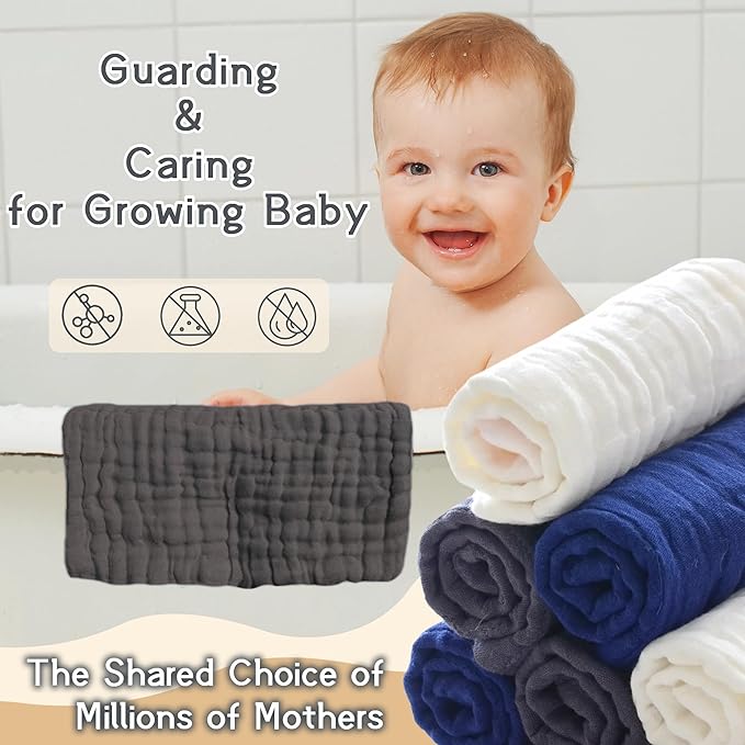 MUKIN Small Baby Washcloths, Soft Face Cloths, Newborn Absorbent Bath Wipes, Burp Cloths or Muslin Cotton Towels, Pack of 6, 12x12 inches (White,Dark Gray,Royal Blue)