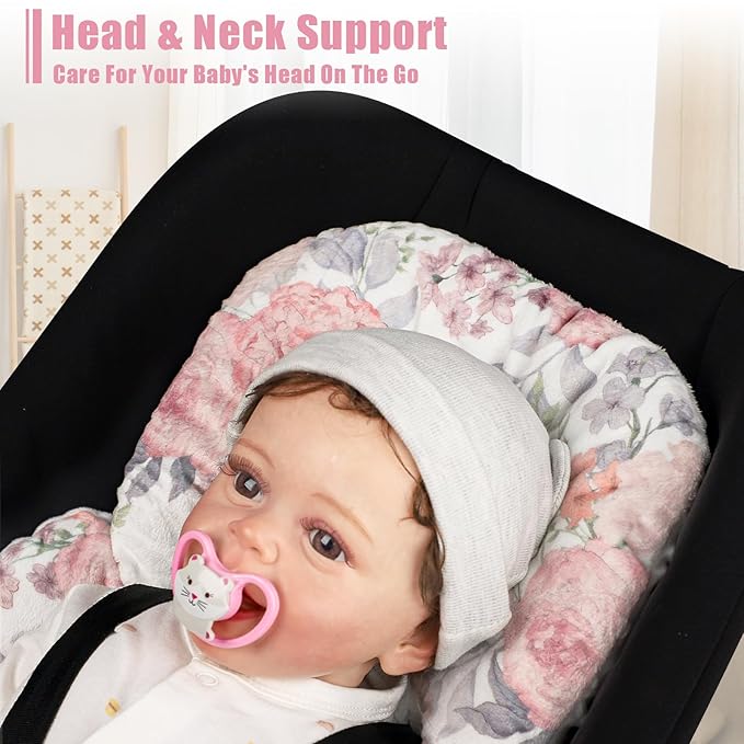 Infant Car Seat Insert, Baby Car Seat Head & Body Support for Newborn, Ultra Soft Reversible Preemie Carseat Insert Cushion for Girls Boys, Fit Car Seat, Stroller, Swing, Bouncer, Pink
