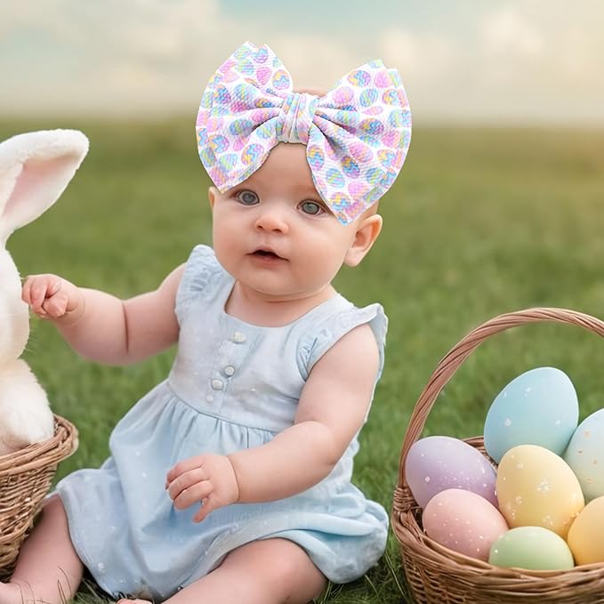 YanJie 7" Easter Headbands Egg Bows Headbands Girls Newborn Infant Nylon Hairbands Bunny Headband Easter Hair Accessories White Purple Party Costume