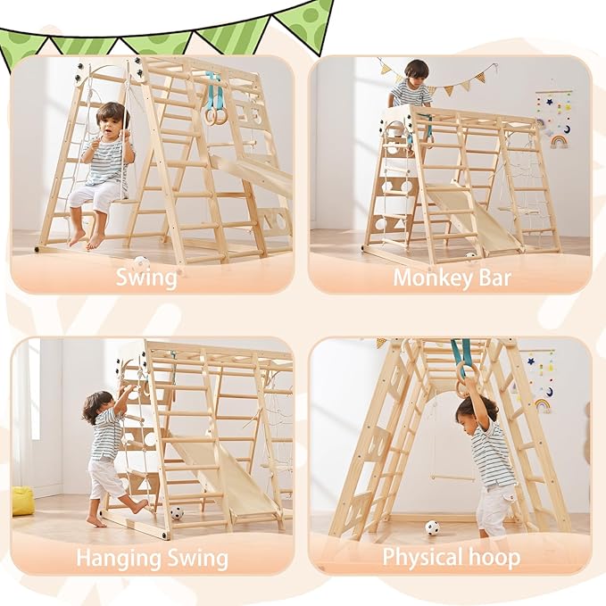 12-in-1 Toddler Playground - Foldable Kids Climbing Set with Slide, Rock/Net, Monkey Bars, Drawing Board, Swing and Pickler Set