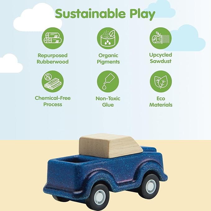 PlanToys® Blue Truck Wooden Montessori Vehicle Toy | Early Movement, Imagination and Practical Life Exploration | Eco Friendly Truck for Indoor and Outdoor Play