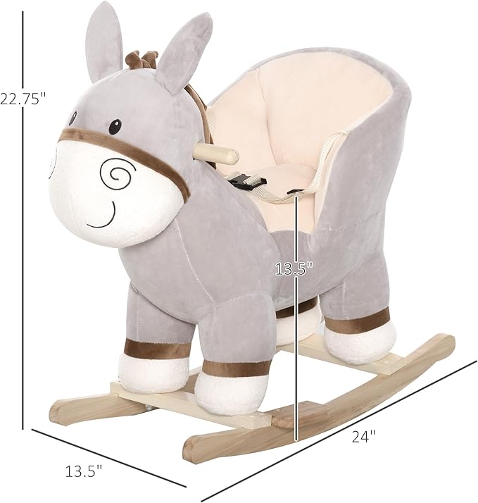Qaba Kids Rocking Chair, Plush Ride On Rocking Horse Donkey with Sound, Wood Base Seat, Safety Belt, Baby Toddler Rocker Toy for 18-36 Months, Gray
