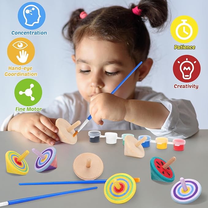 DoubleFill 72pcs DIY Wooden Spinning Tops Craft Kit Watercolor Paints Unfinished Wood Gyroscopes for Kids Educational Kindergarten Toys Spin Tops for Birthday Gifts, Family Games Party Favors