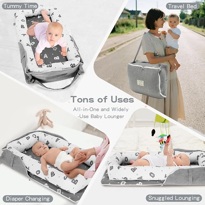 Baby Lounger 0-24 Months for Newborn to Toddler - Portable Baby Lounger for Travel with Cotton Infant Nest, Adjustable Safety Bumper & Baby Lounger Pillow - Letter Grey