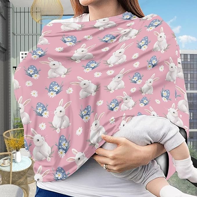 Wanyint Easter Rabbit Eggs Daisy Pink Stretchy Baby Car Seat Cover Carseat Canopy for Babies Universal Baby Breastfeeding Stroller High Chair Shopping Cart Cover