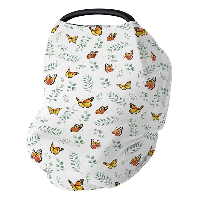 Butterflies Green Leaves Baby Car Seat Covers Spring Garden Stretchy 5-in-1 Cover Adjustable Car Canopy Cover Boho Greenery Breathable Nursing Cover-Up
