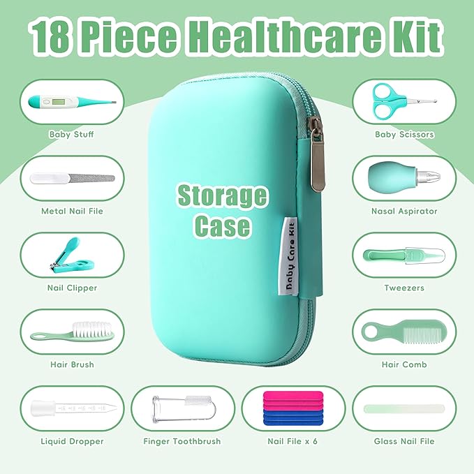 Qunlions life Baby Grooming Kit for Boys Girls Safety Newborn Nursery Essentials Grooming Set Gift for First-time Parents, Green 18 in 1