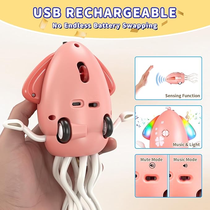 Dancing Octopus Baby Toy, 2Pcs Tummy Time Toys, Rechargeable Crawling Squid with Light/Music/Silent Mode for 3-6 6-12 12-18 36 Months Learning Walking Toddler 1st Birthday Gifts Easter Basket Stuffers
