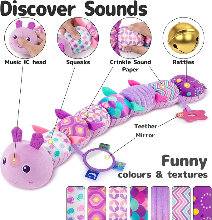 Sumobaby Infant Baby Musical Stuffed Animal Activity Soft Toys with Multi-Sensory Crinkle, Rattle and Textures, for Tummy Time 0-3-6-12 Months Girls, Caterpillar, Purple with Mirrow