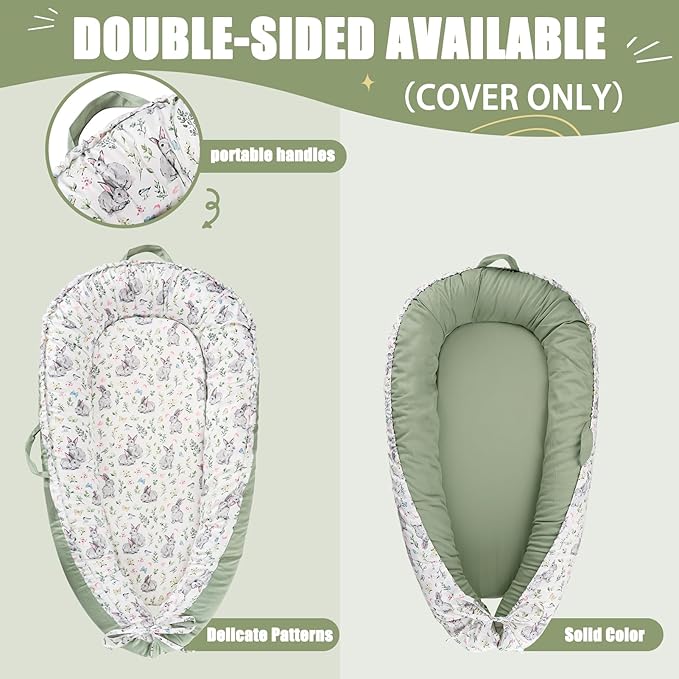 Baby Lounger Cover for Boys Girls, Reversible Baby Nest Cover, Adjustable Baby Lounger Replaceable Cover for Infant Newborn, Portable and Machine Washable, Cotton Green Rabbit Cover