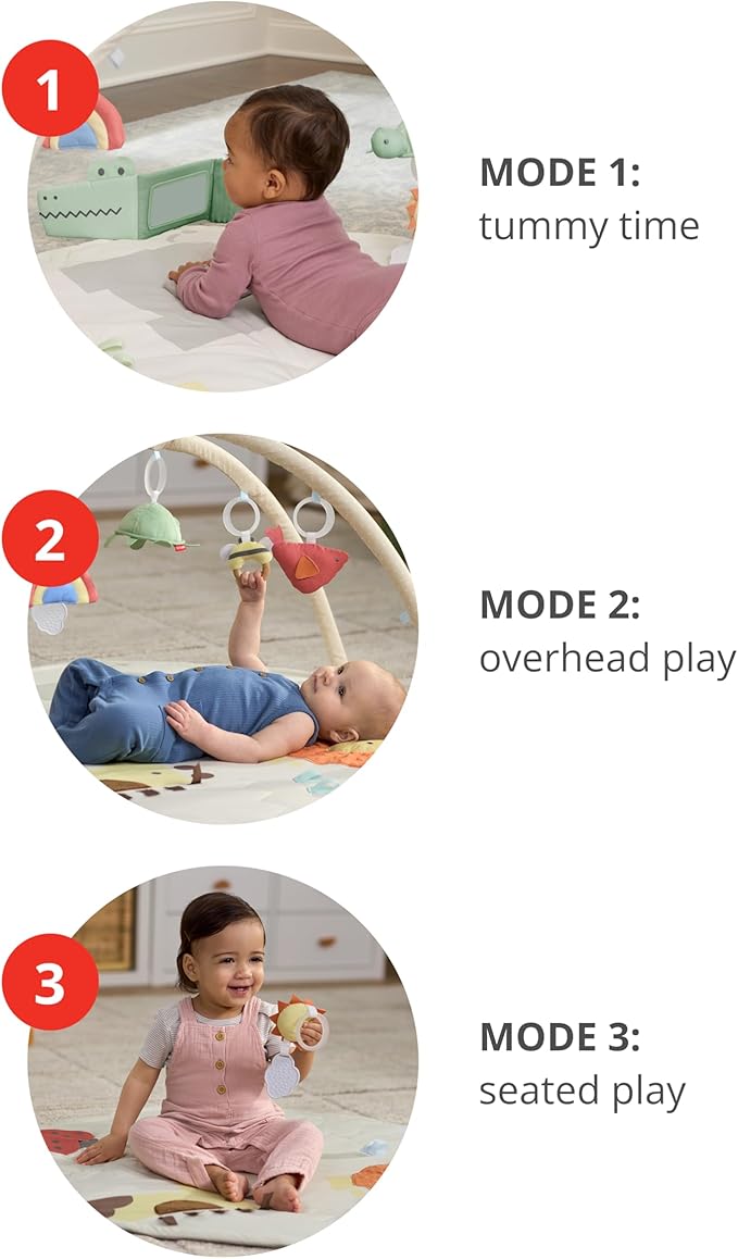Skip Hop Baby Play Gym 3-in-1 Sensory Tummy Time Activity Mat with 17+ Skill-Building Developmental Activities, 14 Animals & Shapes, 5 Hanging Toys and Crocodile Mirror, Geometric Wonders, Age 0-2y