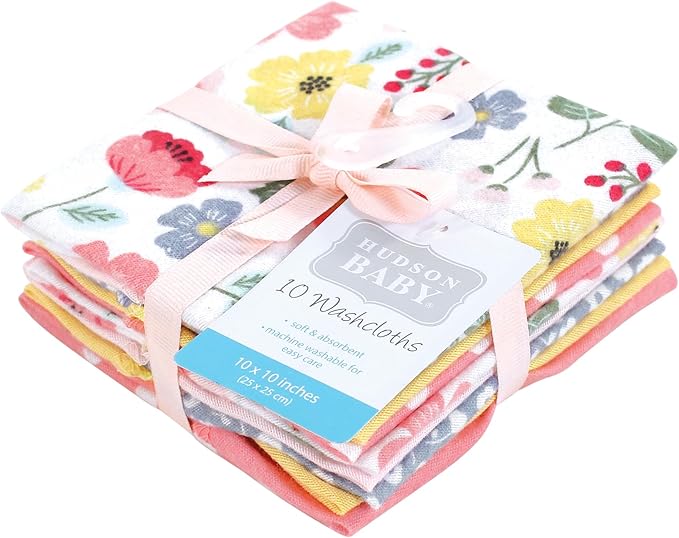 Hudson Baby Unisex Baby Flannel Cotton Washcloths, Modern Botanical 10 Pack, One Size