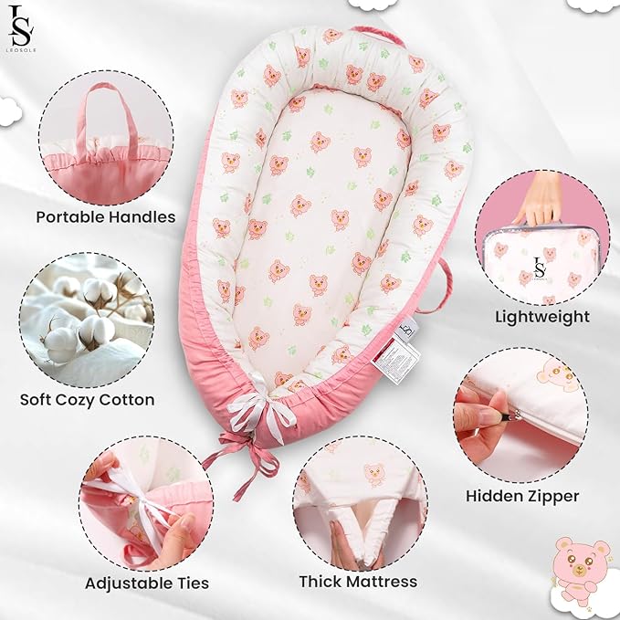 Baby Lounger for Newborn 0-24 Months – Ultra Soft Organic Cotton Infant Lounger – Reversible, Adjustable & Portable Baby Nest for Home & Travel – Soft, Breathable, Washable Cover by Leosole