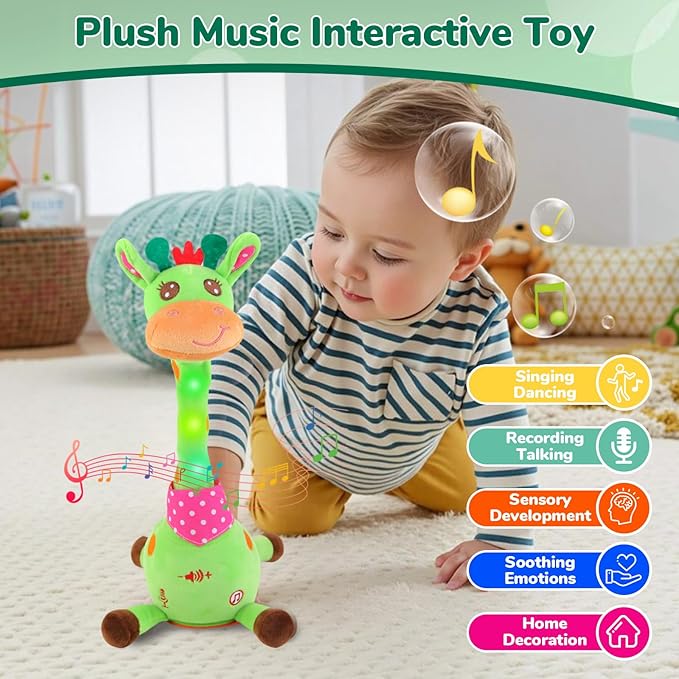 Dancing Giraffe Musical Plush Toy, Recording & Repeating Talking Giraffe Baby Toy for 6–12 Months, Interactive Singing Stuffed Animal, Birthday Gift for Grandkids Infants Toddlers(Green)