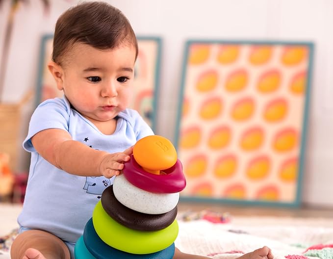 B. toys – Stacking Rings – Textured Ring Stacker for Babies – Early Development Toys – 100% Non – Toxic – Fun & Educational – Great for Dexterity & Cognitive Skills
