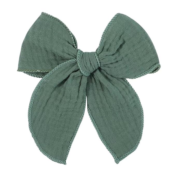 5.5 Inch Green Fable Hair Bow: Handmade Linen Cotton Hair Clip for Girls - 1 PCS
