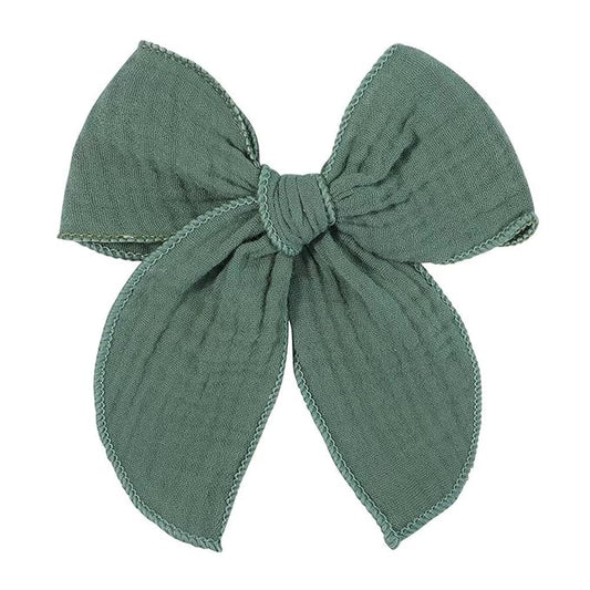 5.5 Inch Green Fable Hair Bow: Handmade Linen Cotton Hair Clip for Girls - 1 PCS