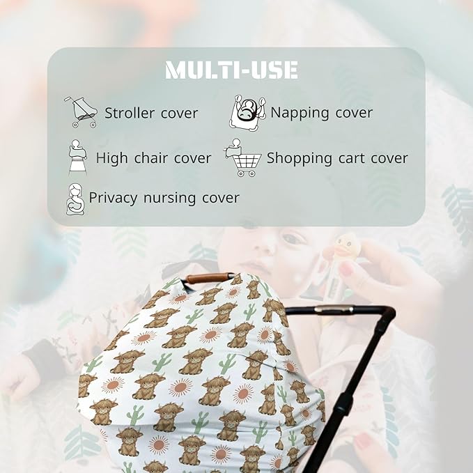 HawSkgFub Boho Highland Cow Cactus Sun 5-in-1 Car Seat Cover for Baby Girl Gift, Brown Bohemia Western Privacy Breastfeeding Nursing Cover, Newborn Infant Multi-use Carseat Canopy Carrier