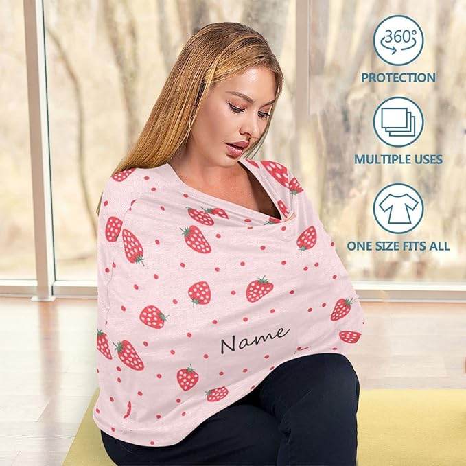 Personalized Baby Name Car Seat Covers for Girls, Custom Pink Strawberry Carseat Canopy, Multiuse Nursing Cover Breastfeeding Scarf, Gift for Newborn Daughter, Infant Stroller Cover