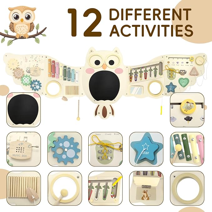 Baotree Owl Activity Wall Busy Board Panels, Montessori Sensory Toys, Toddler Learning Activity Center,Interactive Wooden Learning Toy for Toddler Playroom & Children's Daycare