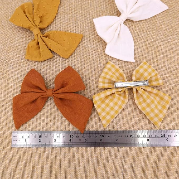 4 PCS Sailor Bow Hair Clips for Kids Girls Women Linen cotton Hair Bow Alligator Clips Baby Toddler Girl Mom Hair Accessories (Gold Autumn)