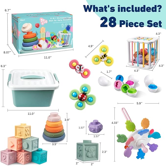 Plunack 6 in 1 Baby Toys 6 to 12 Months, Montessori Toy Infant Teething Babies Toy Stacking Blocks Rings Pull String Toy Sorter Sensory Bin