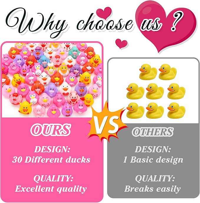 30 Pack Valentines Rubber Ducks-2.3 Inch Bulk Floater Ducks for Ducking Assortment Rubber Duckies for Kids Baby Bath Toys,Birthday Gifts Party Favors Summer Beach Pool Activity Toys