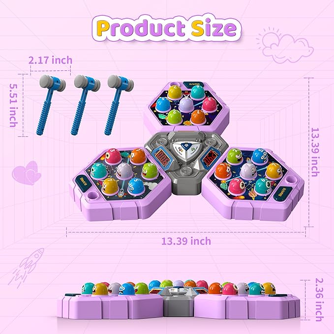 Whack Mole Game for Toddlers, Toys for 3-12 Year Old Girls Boys, Interactive Educational Multiplayer Toys with 3 Modes & 3 Hammers, Sound & Light, Birthday Xmas Gifts for 3 4 5 6+ Year Old Girls Boys