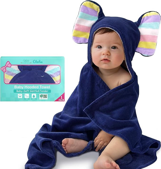 VOOVA & MOVAS Navy Baby Bath Towel with Cute Elephant Ears Hood – Super Absorbent, 100% Cotton, 420GSM – 33" x 31.5", Pink – Thick Towel for 0–18 Months – Newborn, Toddler, Infant, Baby Essentials