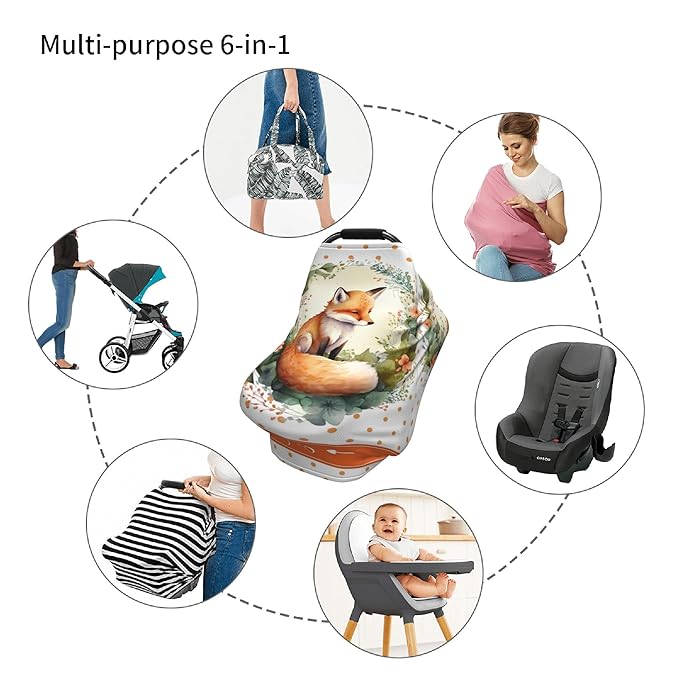 Personalized Fox Baby Car Seat Cover with Name,Multi-Use Canopy for Nursing, Strollers,Shopping Carts,Customized Breastfeeding Cover, Full Privacy,Infant Stroller Cover