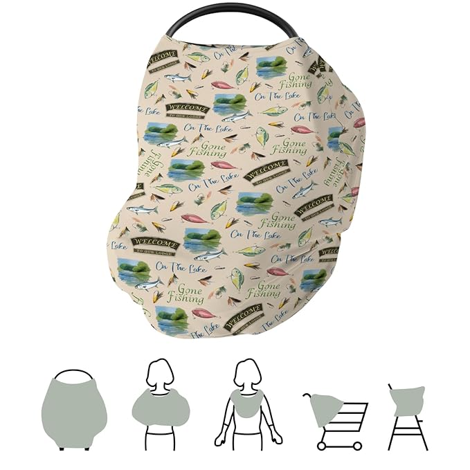 Fishing Baby Car Seats Covers Lake Gone Fishing Stretchy 5-in-1 Cover Adjustable Infant Carseat Canopy Cover Outdoor Hunting Camping Breathable Nursing Cover-Up
