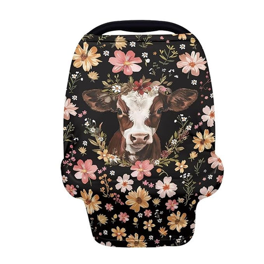 Wanyint Brown Cow Floral Stretchy Baby Car Seat Cover for Baby, Nursing Breastfeeding Covers,Shopping Cart/High Chair/Stroller Covers,Infinity Scarf,Car Seat Canopies