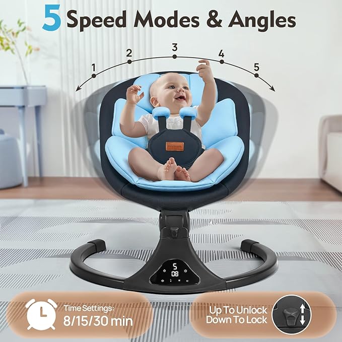 Baby Swing for Infants, Bluetooth Electric Infant Swing with 5 Speed Motions, 12 Soothing Melodies & Remote Control, Portable for Newborns 0-9 Months (Max 20 lbs, Blue)