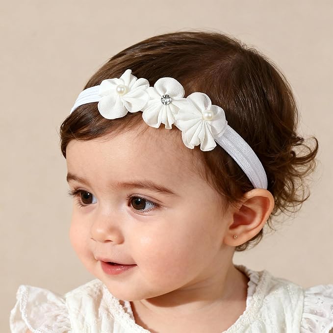 Baby Girls Hairband White Bow Lace Headbands Handmade Soft Stretchy Wide Head Band Newborn Hairbands with Bows Pearls Elastic Headband for Infant Hair Accessories（Three Flowers）
