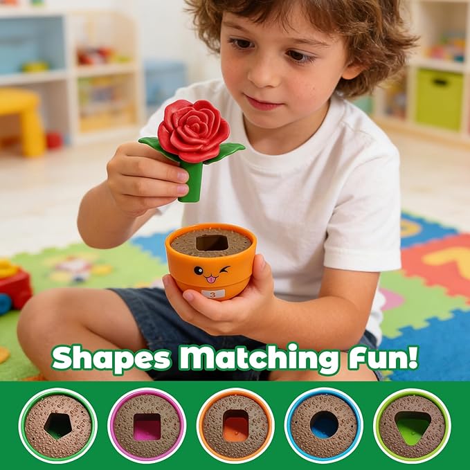 Montessori Toddler Flower Toy, Bloom & Learn Garden Set with 5 Shape & Color & Number Flowers, Sensory Pretend Toys for Preschool Early Learning, Toddlers Gift for 1 2 3 Girls & Boys