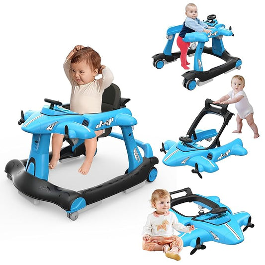 Betterhood 6-in-1 Foldable Baby Walker with Adjustable Height & Speed, Airplane-Themed Activity Push Walker with Music & Lights, Wheels, Anti-Slip Design, Suitable for Boys & Girls Aged 6-18 Months
