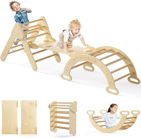 Olakids Pikler Triangle Set 7 in 1 Climbing Toys for Toddlers 1-3 Inside Foldable Wood Montessori Jungle Gym with Ramp Slide Arch Rocker Ladder Indoor Kids Activity Playground Baby Climber