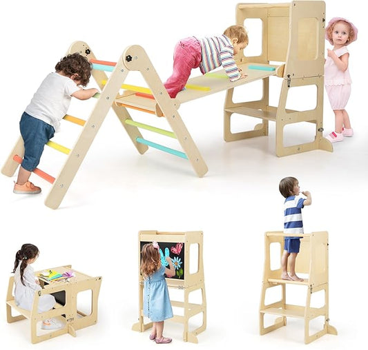 COSTWAY Climbing Triangle with Slide, 7-in-1 Indoor Climbing Frame for Children from 3 Years, Includes Climbing Triangle Foldable & Height Adjustable, Reversible Ramp, Step Stool Convertable,