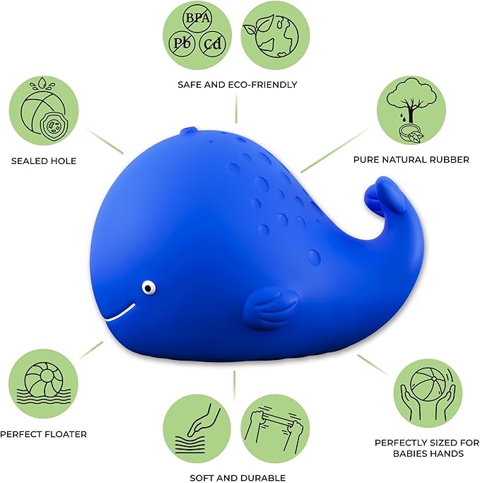 caaocho Pure Natural Rubber Bath Toy - Kala The Whale Baby Toy - Hole Free, BPA Free Bath Toys for Infants, Without Holes Sealed Natural Rubber