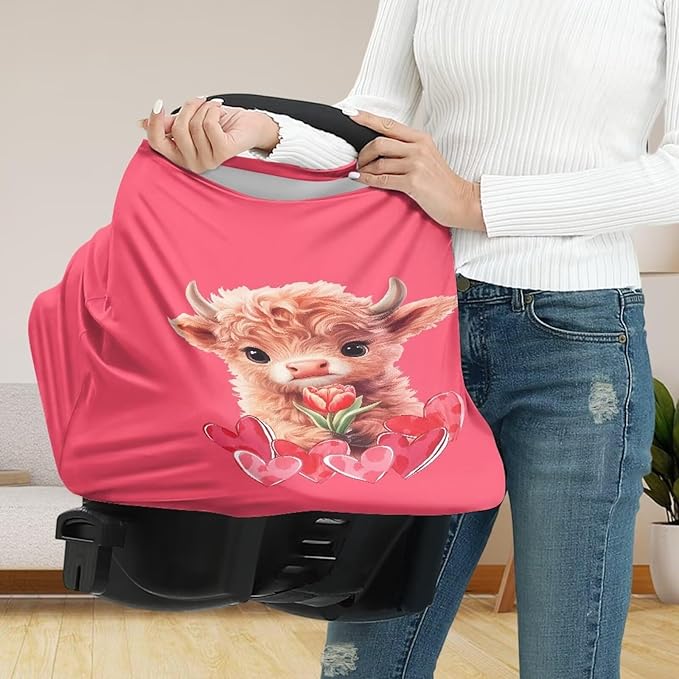 Wanyint Car Seat Covers Baby Car Canopy Shopping Cart Scarf Lightweight Stroller Cover Women Mother Nursing Breastfeeding Covers for Valentine's Day, Highland Cow Heart Tulip